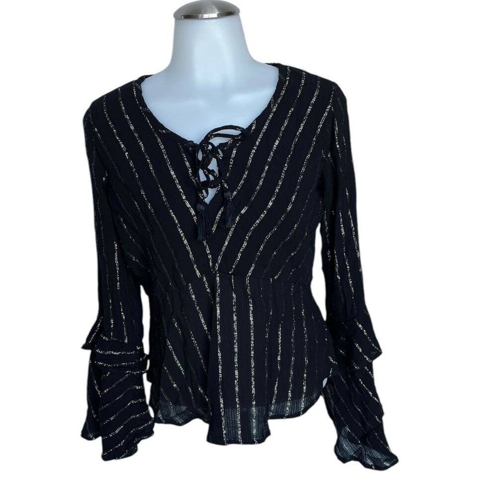 Small Idyllwind Fueled by Miranda Lambert Boho Peasant Gold Metallic Stripe Top